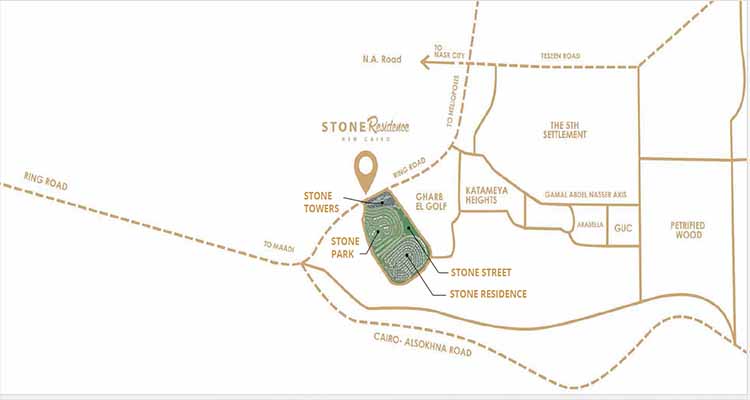 Location of NutShell Stone Residence Katameya New Cairo PRE Real Estate - موقع كمبوند ستون ريزيدنس القاهرة الجديدة - نوت شيل بايونير للتسويق العقاري
